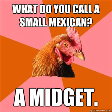 What do you call a small mexican?  A midget.  Anti-Joke Chicken