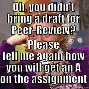 OH, YOU DIDN'T BRING A DRAFT FOR PEER-REVIEW? PLEASE TELL ME AGAIN HOW YOU WILL GET AN A ON THE ASSIGNMENT Condescending Wonka