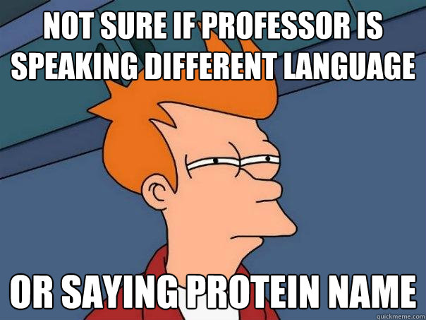 Not sure if professor is speaking different language Or saying protein name  Futurama Fry