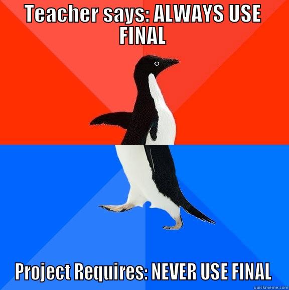 How to do ES - TEACHER SAYS: ALWAYS USE FINAL PROJECT REQUIRES: NEVER USE FINAL Socially Awesome Awkward Penguin