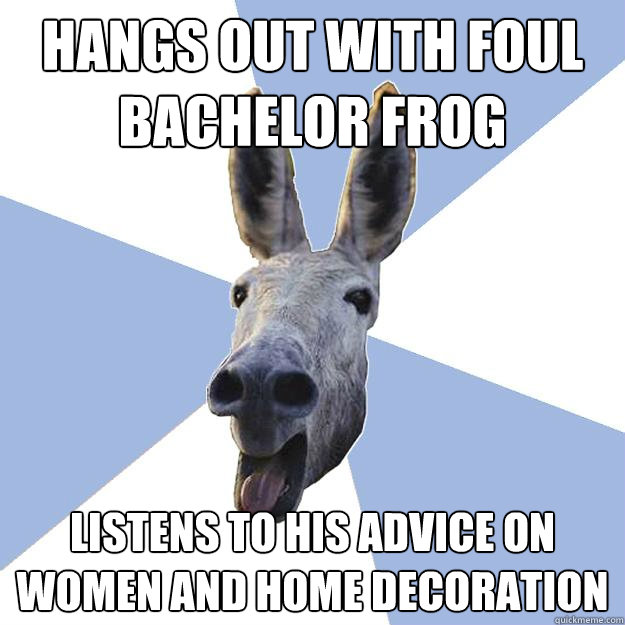 hangs out with foul bachelor frog  listens to his advice on women and home decoration  Jackass Boyfriend