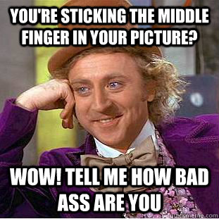 You're sticking the middle finger in your picture? WOW! tell me how bad ass are you  Condescending Wonka