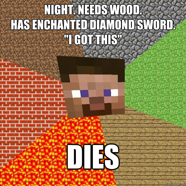 Night. Needs wood.
Has enchanted diamond sword.
