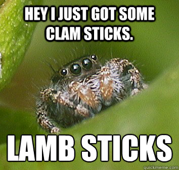 Hey I just got some clam sticks. Lamb Sticks
  Misunderstood Spider