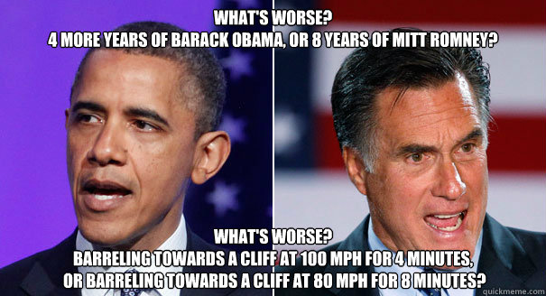 What's worse?
4 more years of Barack Obama, Or 8 years of Mitt Romney? What's worse?
Barreling towards a cliff at 100 mph for 4 minutes,
 Or barreling towards a cliff at 80 mph for 8 minutes?
  Obamney
