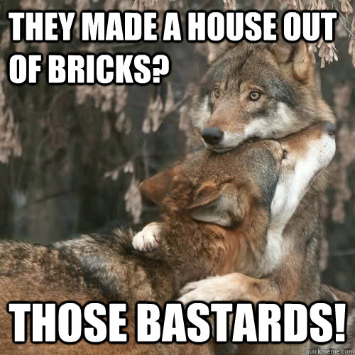 They made a house out of bricks? THOSE BASTARDS!  Comforting wolf