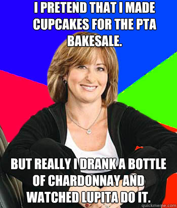 i pretend that i made cupcakes for the pta bakesale. but really i drank a bottle of chardonnay and watched lupita do it.  Sheltering Suburban Mom