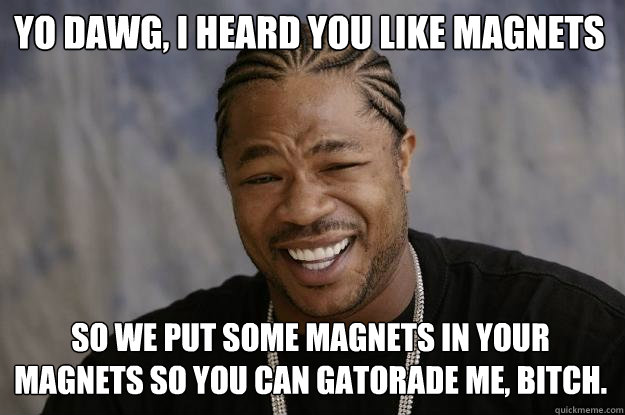 Yo dawg, I heard you like magnets So we put some magnets in your magnets so you can gatorade me, bitch.    Xzibit meme