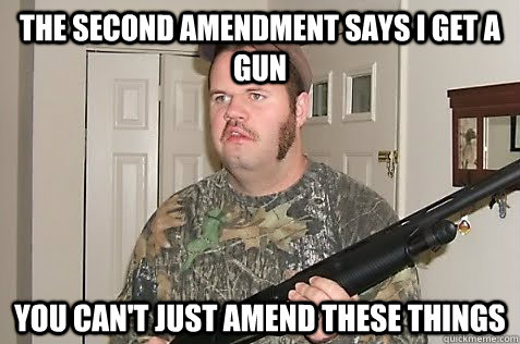 the second amendment says i get a gun you can't just amend these things  Gun Nut