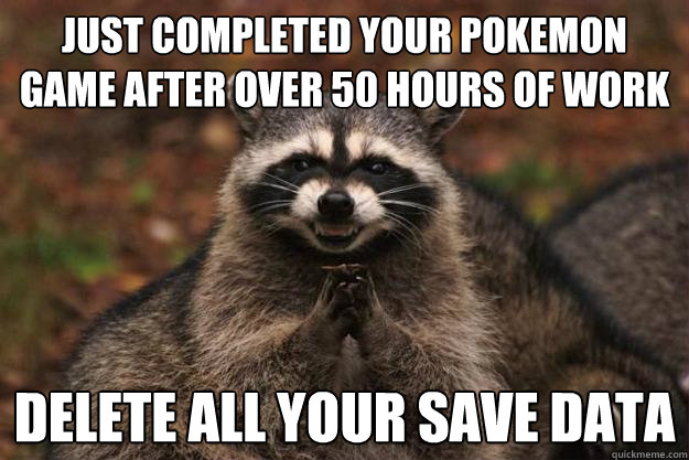 Just completed your pokemon game after over 50 hours of work Delete all your save data   - Just completed your pokemon game after over 50 hours of work Delete all your save data    Evil Plotting Raccoon