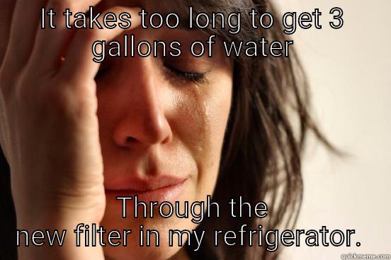 I was shocked - IT TAKES TOO LONG TO GET 3 GALLONS OF WATER THROUGH THE NEW FILTER IN MY REFRIGERATOR.  First World Problems