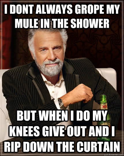 I dont always grope my mule in the shower But when I do my knees give out and I rip down the curtain  The Most Interesting Man In The World