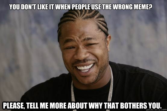 You don't like it when people use the wrong meme? Please, tell me more about why that bothers you.  YO DAWG