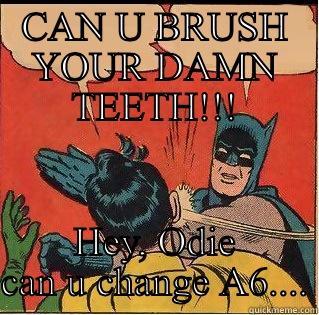 CAN U BRUSH YOUR DAMN TEETH!!! HEY, ODIE CAN U CHANGE A6.... Slappin Batman