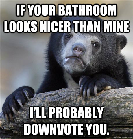 If your bathroom looks nicer than mine I'll probably downvote you. - If your bathroom looks nicer than mine I'll probably downvote you.  Confession Bear