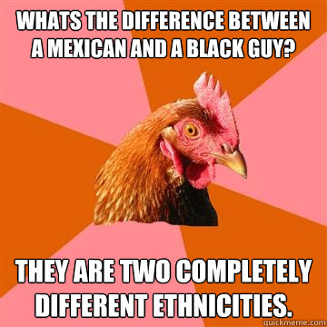 Whats the difference between a mexican and a black guy? They are two completely different ethnicities.   Anti-Joke Chicken