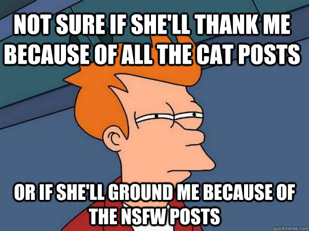 Not sure if she'll thank me  because of all the cat posts Or if she'll ground me because of the nsfw posts  Futurama Fry