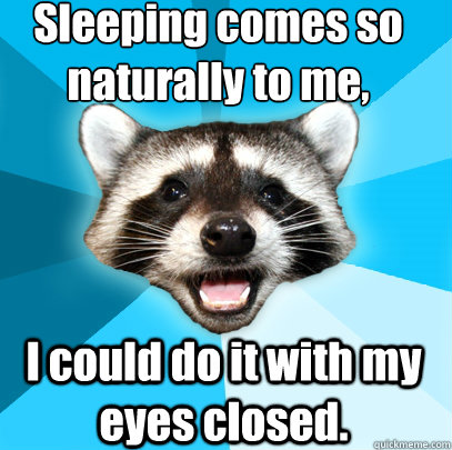 Sleeping comes so 
naturally to me, I could do it with my eyes closed. - Sleeping comes so 
naturally to me, I could do it with my eyes closed.  Lame Pun Coon