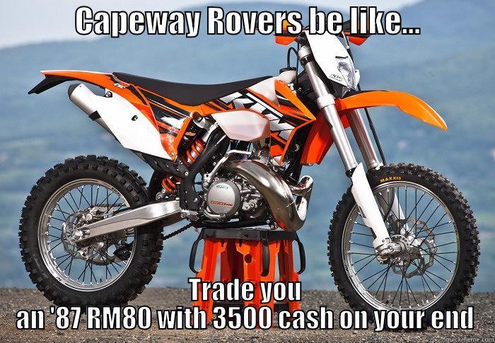             CAPEWAY ROVERS BE LIKE...             TRADE YOU AN '87 RM80 WITH 3500 CASH ON YOUR END Misc