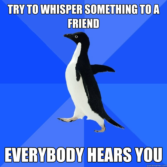 Try to whisper something to a friend Everybody hears you  Socially Awkward Penguin