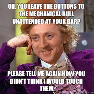 Oh, you leave the buttons to the mechanical bull unattended at your bar? Please tell me again how you didn't think I would touch them.  Condescending Wonka