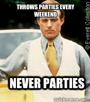Throws parties every weekend Never parties  
