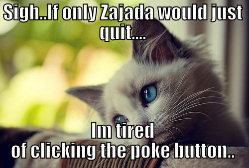 tired caat - SIGH..IF ONLY ZAJADA WOULD JUST QUIT.... IM TIRED OF CLICKING THE POKE BUTTON.. First World Problems Cat