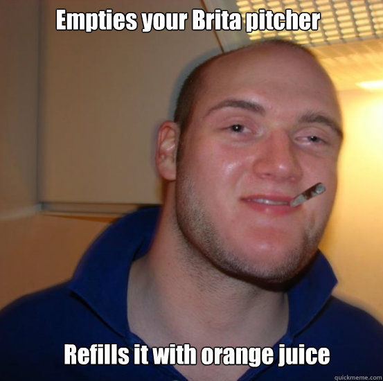 Empties your Brita pitcher Refills it with orange juice  