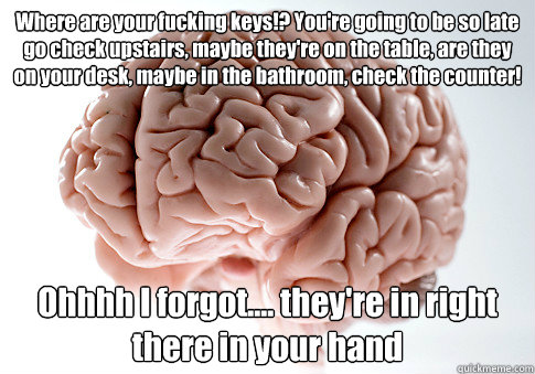 Where are your fucking keys!? You're going to be so late go check upstairs, maybe they're on the table, are they on your desk, maybe in the bathroom, check the counter! Ohhhh I forgot.... they're in right there in your hand   Scumbag Brain