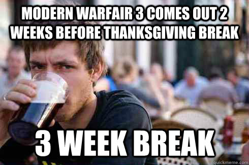 Modern Warfair 3 comes out 2 weeks before Thanksgiving break 3 week break  Lazy College Senior