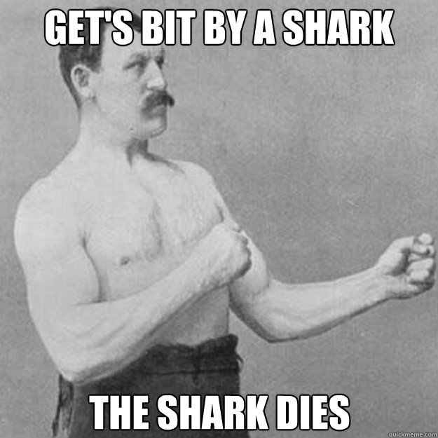 Get's bit by a shark The shark dies  overly manly man