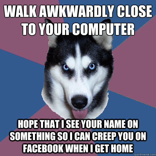 Walk awkwardly close to your computer Hope that I see your name on something so I can creep you on facebook when I get home  Creeper Canine