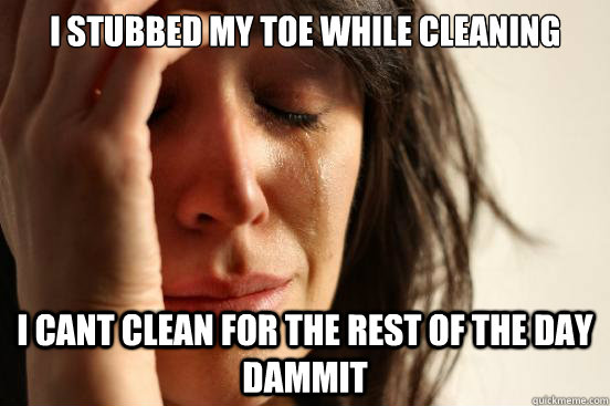 I stubbed my toe while cleaning I cant clean for the rest of the day dammit  First World Problems