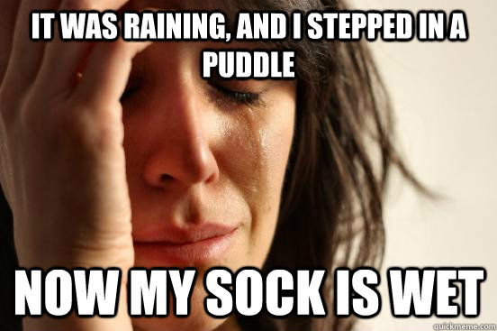 it was raining, and i stepped in a puddle now my sock is wet - it was raining, and i stepped in a puddle now my sock is wet  First World Problems