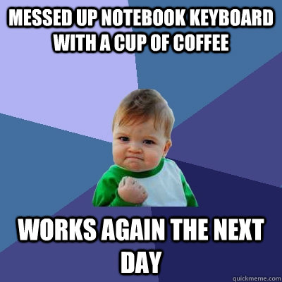 Messed up notebook keyboard with a cup of coffee works again the next day  Success Kid