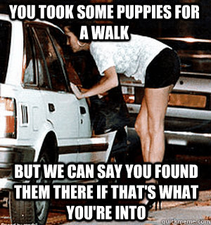 You took some puppies for a walk But we can say you found them there if that's what you're into  Karma Whore