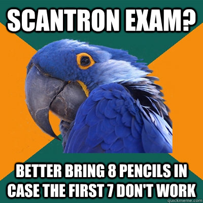 Scantron exam? Better bring 8 pencils in case the first 7 don't work  Paranoid Parrot