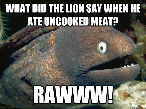 what did the lion say when he ate uncooked meat? rawww! - what did the lion say when he ate uncooked meat? rawww!  Bad Joke Eel