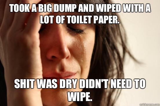 Took a big dump and wiped with a lot of toilet paper. Shit was dry didn't need to wipe.   First World Problems