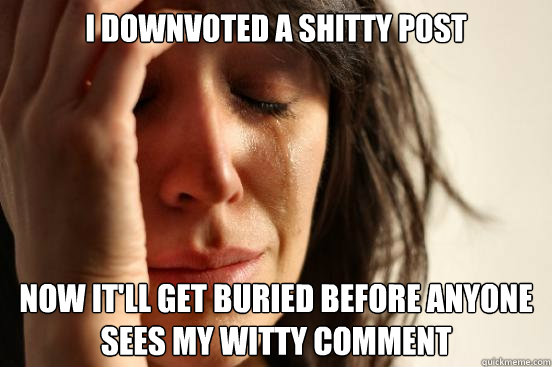 I downvoted a shitty post now it'll get buried before anyone sees my witty comment - I downvoted a shitty post now it'll get buried before anyone sees my witty comment  First World Problems