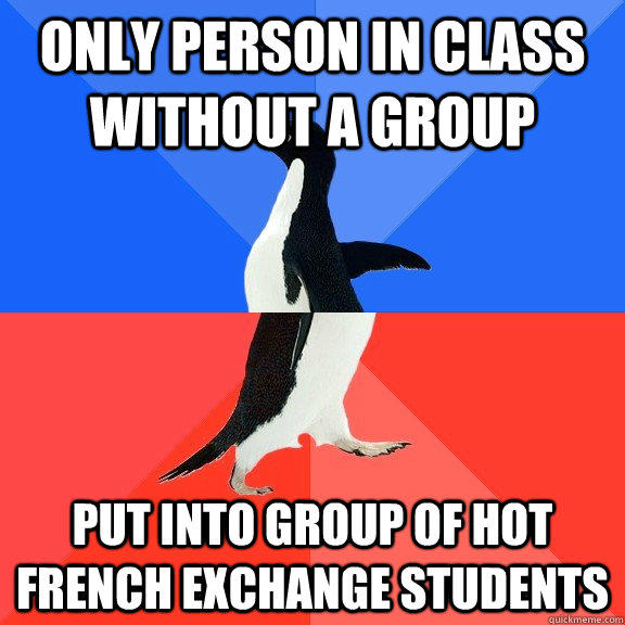 Only person in class without a group Put into group of hot French exchange students  