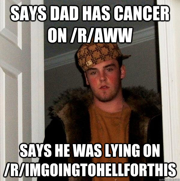 says dad has cancer on /r/aww says he was lying on /r/imgoingtohellforthis  Scumbag Steve