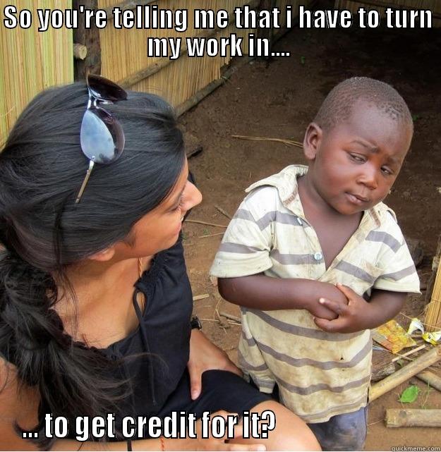 SO YOU'RE TELLING ME THAT I HAVE TO TURN MY WORK IN.... ... TO GET CREDIT FOR IT?                            Skeptical Third World Kid