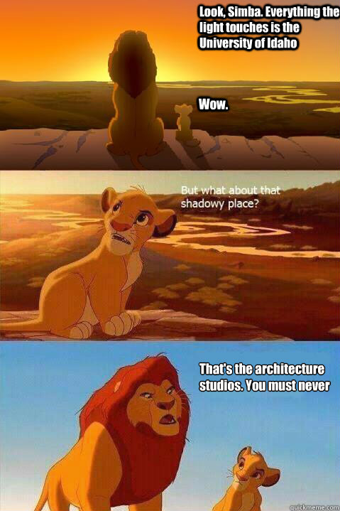 Look, Simba. Everything the light touches is the University of Idaho Wow. That's the architecture studios. You must never go there, Simba.   Lion King Shadowy Place