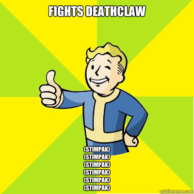 fights deathclaw (stimpak)
(stimpak)
(stimpak)
(stimpak)
(stimpak)
(stimpak)
  Fallout new vegas