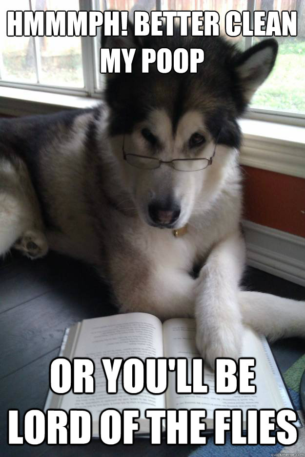 Hmmmph! Better clean my poop
   Or you'll be Lord of the Flies   Condescending Literary Pun Dog