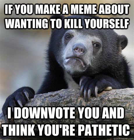 If you make a meme about wanting to kill yourself I downvote you and think you're pathetic  Confession Bear