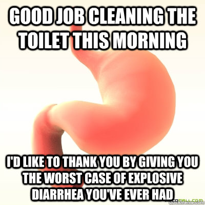 Good job cleaning the toilet this morning I'd like to thank you by giving you the worst case of explosive diarrhea you've ever had  Scumbag Stomach