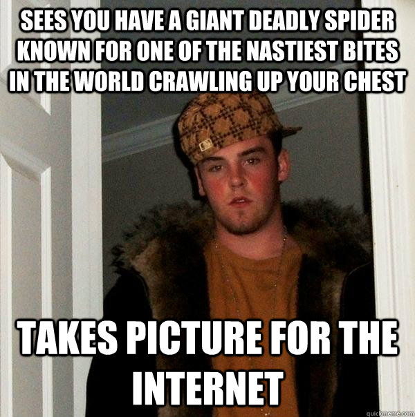 sees you have a giant deadly spider known for one of the nastiest bites in the world crawling up your chest takes picture for the internet  Scumbag Steve