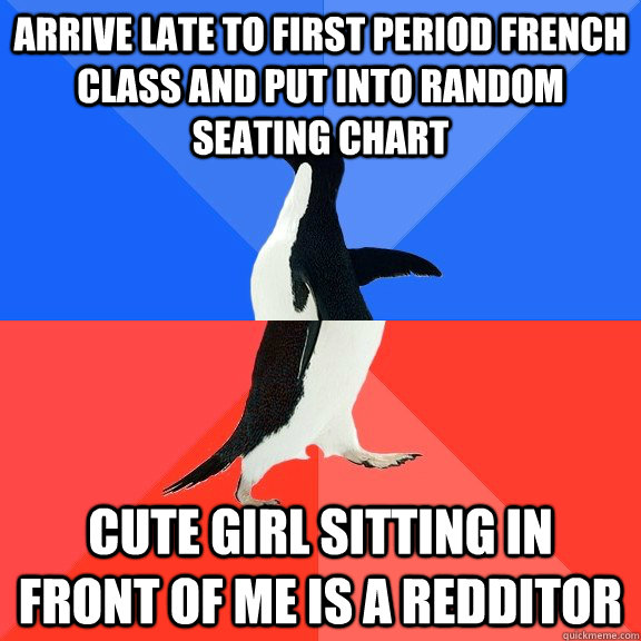 Arrive late to first period french class and put into random seating chart cute girl sitting in front of me is a redditor  Socially Awkward Awesome Penguin
